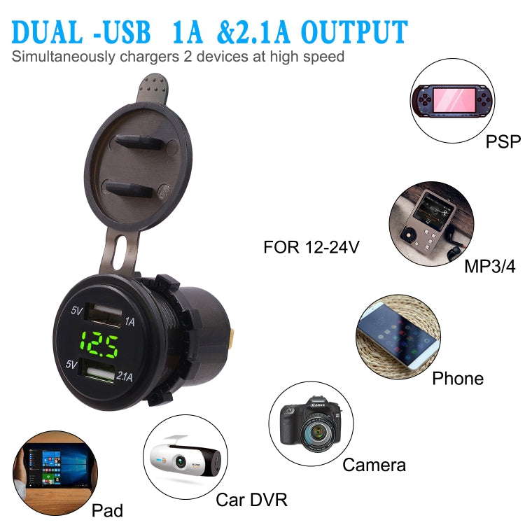 Universal Car Dual Port USB Charger Power Outlet Adapter 3.1A 5V IP66 with LED Digital Voltmeter + 60cm Cable(Green Light) - Car Charger by buy2fix | Online Shopping UK | buy2fix