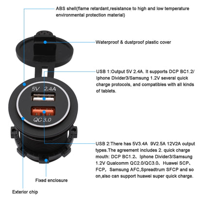 Universal Car QC3.0 Dual Port USB Charger Power Outlet Adapter 5V 2.4A IP66 with 60cm Cable(Blue Light) - In Car by buy2fix | Online Shopping UK | buy2fix