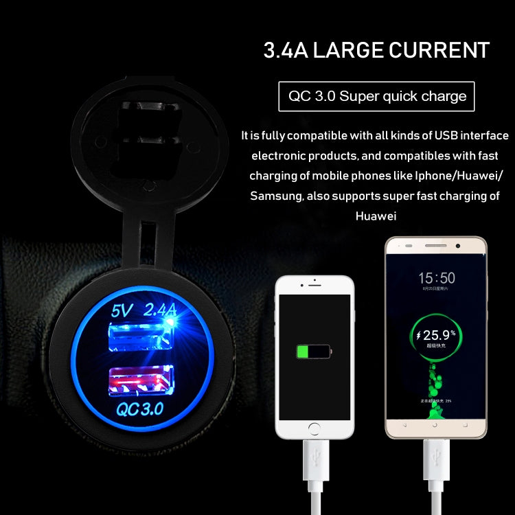 Universal Car QC3.0 Dual Port USB Charger Power Outlet Adapter 5V 2.4A IP66 with 60cm Cable(White Light) - In Car by buy2fix | Online Shopping UK | buy2fix