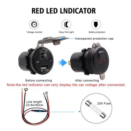 Universal Car Single Port USB Charger Power Outlet Adapter 2.4A 5V IP66 with LED Digital Voltmeter + Switch + 60cm Cable (Red Light) - Car Charger by buy2fix | Online Shopping UK | buy2fix