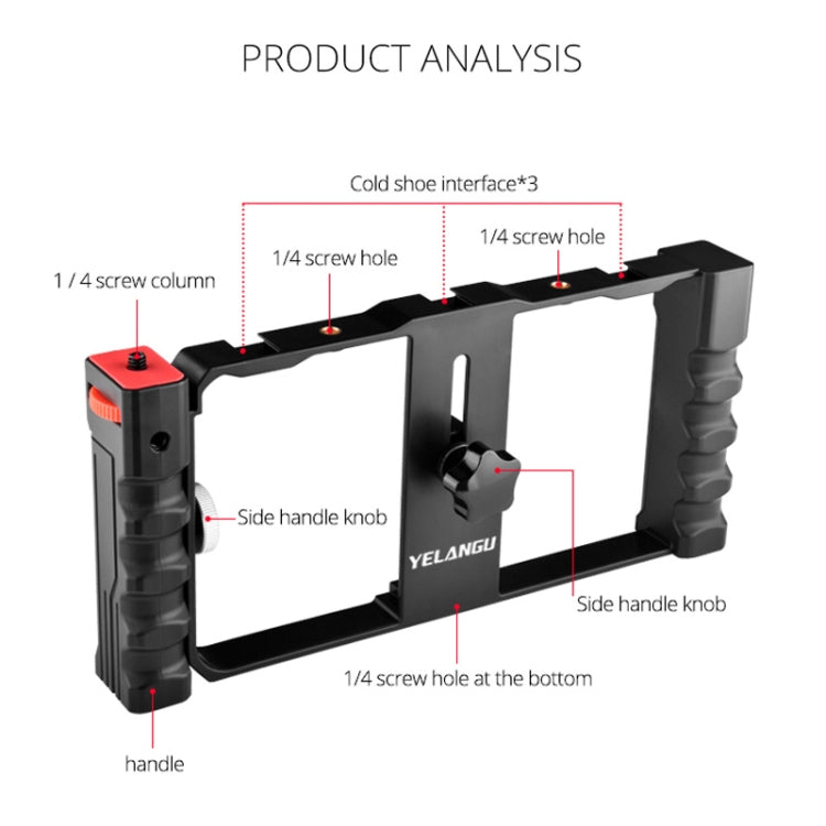 YELANGU PC02A Vlogging Live Broadcast Plastic Cage Video Rig Filmmaking Stabilizer Bracket for iPhone, Galaxy, Huawei, Xiaomi, HTC, LG, Google, and Other Smartphones(Black) - Stand by YELANGU | Online Shopping UK | buy2fix