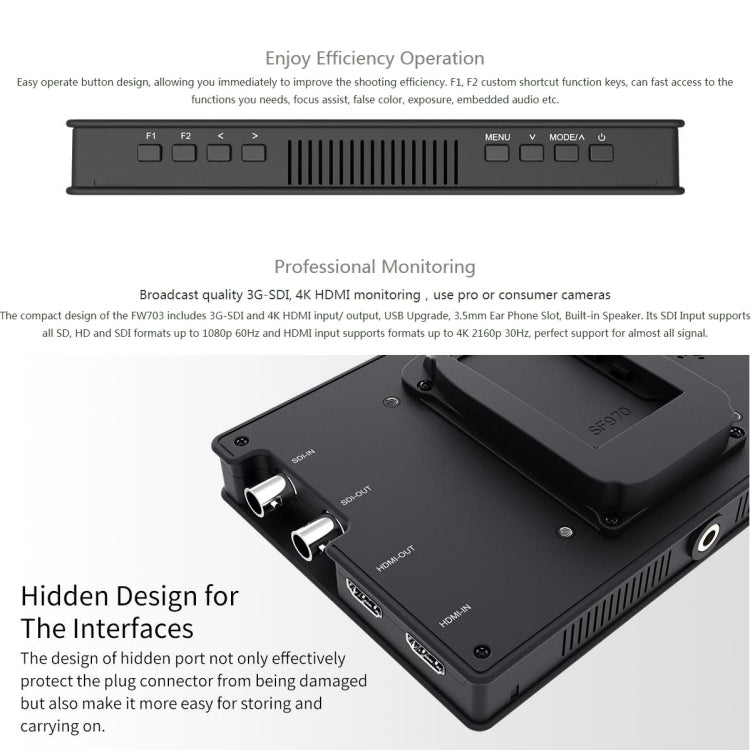 FEELWORLD FW703 1920x1200 7 inch IPS Screen HDMI 4K SDI Broadcast Camera Field Monitor - Camera Accessories by FEELWORLD | Online Shopping UK | buy2fix