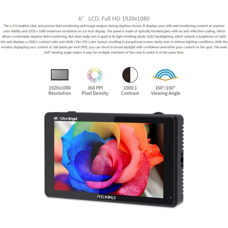 FEELWORLD LUT6 1920x1080 2600 nits 6 inch IPS Screen HDMI 4K Touch Control Camera Field Monitor - Camera Accessories by FEELWORLD | Online Shopping UK | buy2fix