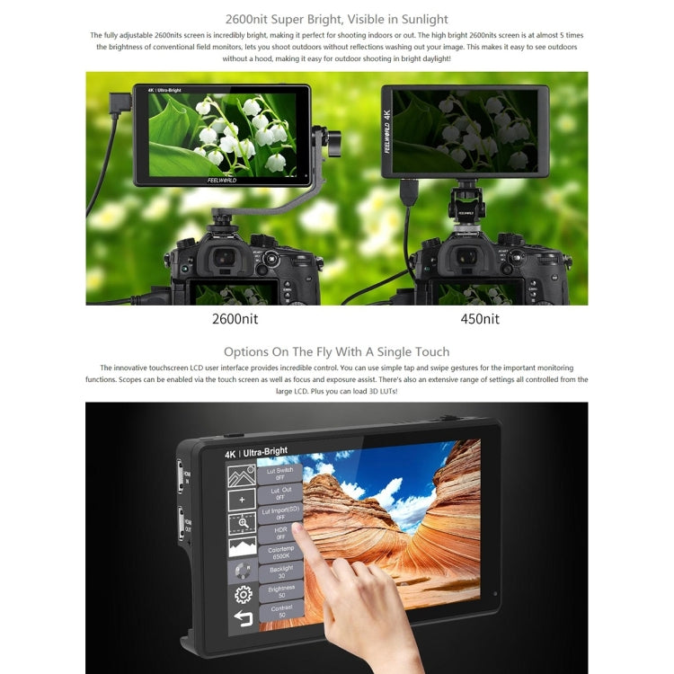 FEELWORLD LUT6 1920x1080 2600 nits 6 inch IPS Screen HDMI 4K Touch Control Camera Field Monitor - Camera Accessories by FEELWORLD | Online Shopping UK | buy2fix