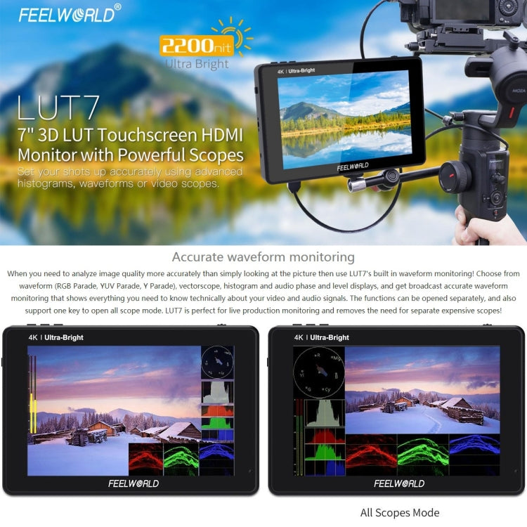 FEELWORLD LUT7 1920x1200 2200 nits 7 inch IPS Screen HDMI 4K Touch Screen Camera Field Monitor - Camera Accessories by FEELWORLD | Online Shopping UK | buy2fix