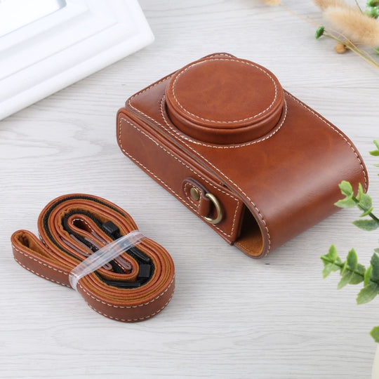 Vertical Flip Full Body Camera PU Leather Case Bag with Strap for Ricoh GR III / GRII, Sony ZV-1 / DSC-RX100M7 / RX100M6 / RX100M5 / RX100M2 (Brown)