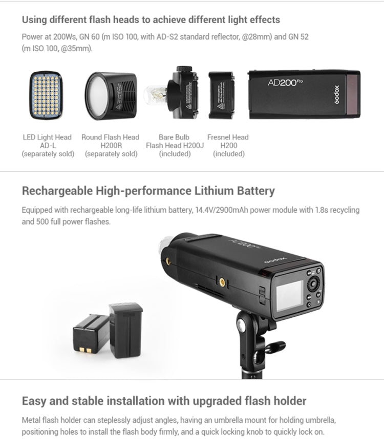 Godox AD200 Pro Pocket Flash Light  TTL HSS 2.4G Wireless X System Outdoor Flash Speedlight(US Plug) - Camera Accessories by Godox | Online Shopping UK | buy2fix