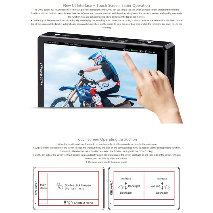 FEELWORLD CUT6 6-inch Touch Screen Monitor Recorder FHD IPS 4K HDMI Camera Field Monitor (Black) - On-camera Monitors by FEELWORLD | Online Shopping UK | buy2fix