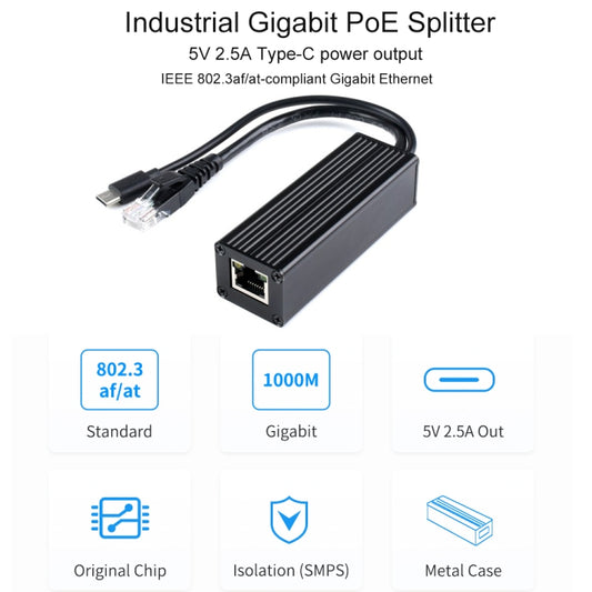 Waveshare Metal Case Gigabit PoE Splitter, 5V 2.5A Type-C Out by WAVESHARE