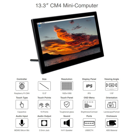 WAVESHARE Mini-Computer Powered by Raspberry Pi CM4 Touch Screen(EU Plug) by WAVESHARE