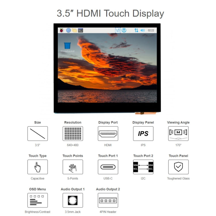 Waveshare 3.5 inch HDMI Capacitive Touch IPS LCD Display (E), 640 x 480, Audio Jack - Consumer Electronics by WAVESHARE | Online Shopping UK | buy2fix