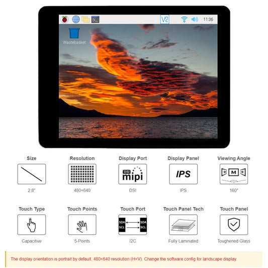 Waveshare 2.8 inch Capacitive Touch Display for Raspberry Pi, 480 x 640, DSI, IPS, Fully Laminated Screen by WAVESHARE