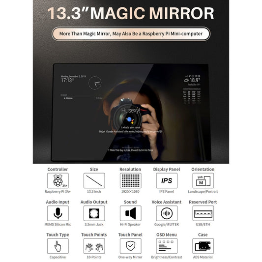 Waveshare 13.3 inch Magic Mirror, Voice Assistant, Touch Control(EU Plug) by WAVESHARE