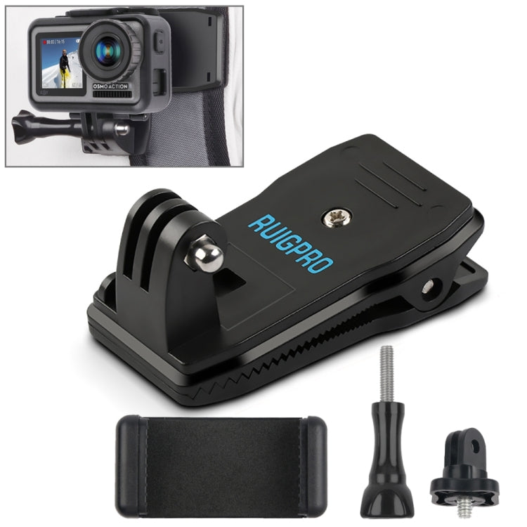 RUIGPRO 360 Degree Rotation Backpack Rec-Mounts Clip Clamp Mount + Phone Clamp for GoPro, Insta360, DJI and Other Action Cameras(Black) - Mount & Holder by RUIGPRO | Online Shopping UK | buy2fix