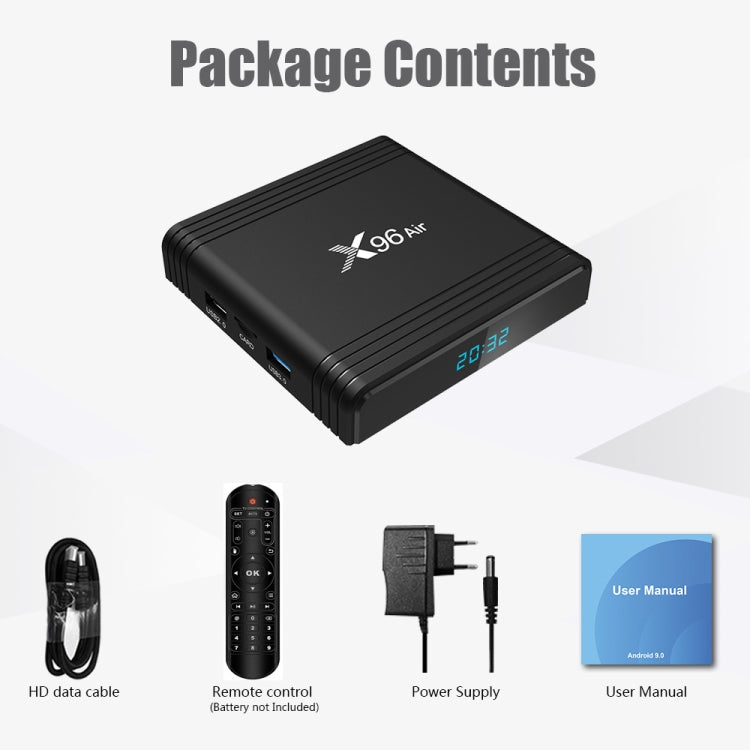 X96 Air 8K Smart TV BOX Android 9.0 Media Player with Remote Control, Quad-core Amlogic S905X3, RAM: 4GB, ROM: 32GB, Dual Band WiFi, Bluetooth, EU Plug - Consumer Electronics by buy2fix | Online Shopping UK | buy2fix