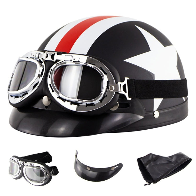 Soman Electromobile Motorcycle Half Face Helmet Retro Harley Helmet with Goggles(Matte Black French White Star) -  by SOMAN | Online Shopping UK | buy2fix