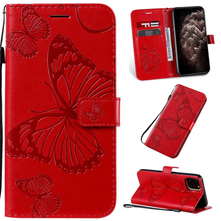 For iPhone 11 Pro Max Pressed Printing Butterfly Pattern Horizontal Flip PU Leather Case with Holder & Card Slots & Wallet & Lanyard (Red) by buy2fix