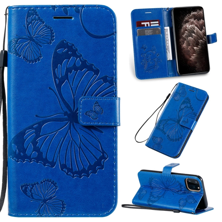 For iPhone 11 Pro Max Pressed Printing Butterfly Pattern Horizontal Flip PU Leather Case with Holder & Card Slots & Wallet & Lanyard (Blue) by buy2fix