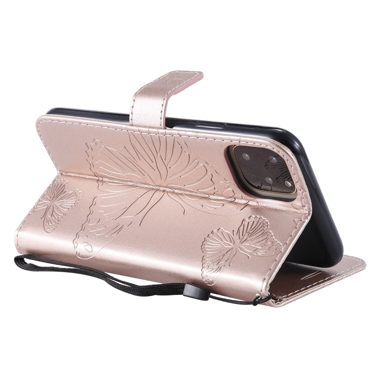 For iPhone 11 Pro Max Pressed Printing Butterfly Pattern Horizontal Flip PU Leather Case with Holder & Card Slots & Wallet & Lanyard (Rose Gold) by buy2fix