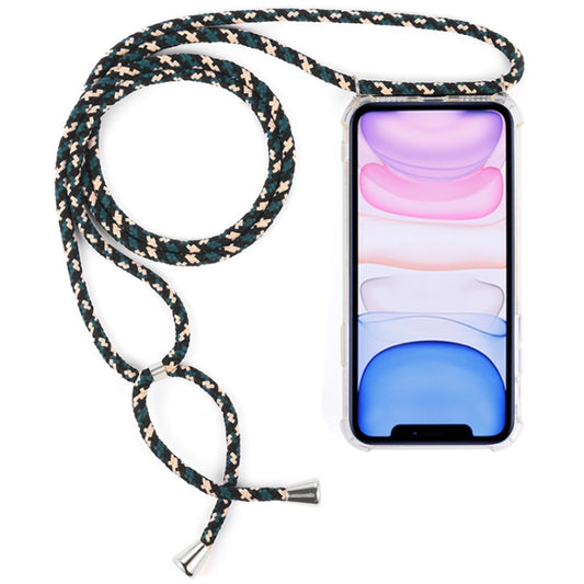 Four-Corner Anti-Fall Transparent TPU Mobile Phone Case With Lanyard for iPhone 11(Green Beige Black) by buy2fix