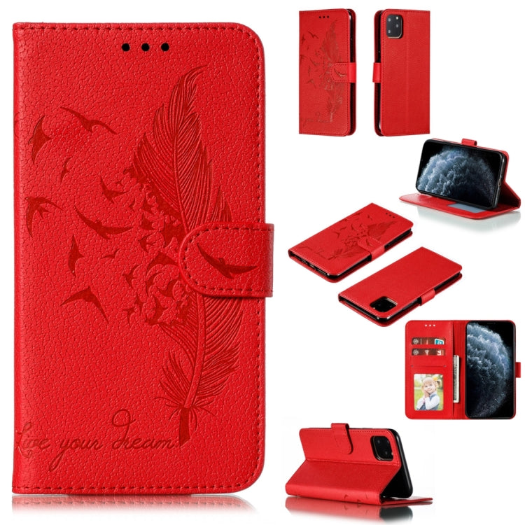 For iPhone 11 Pro Feather Pattern Litchi Texture Horizontal Flip Leather Case with Wallet & Holder & Card Slots (Red) by buy2fix