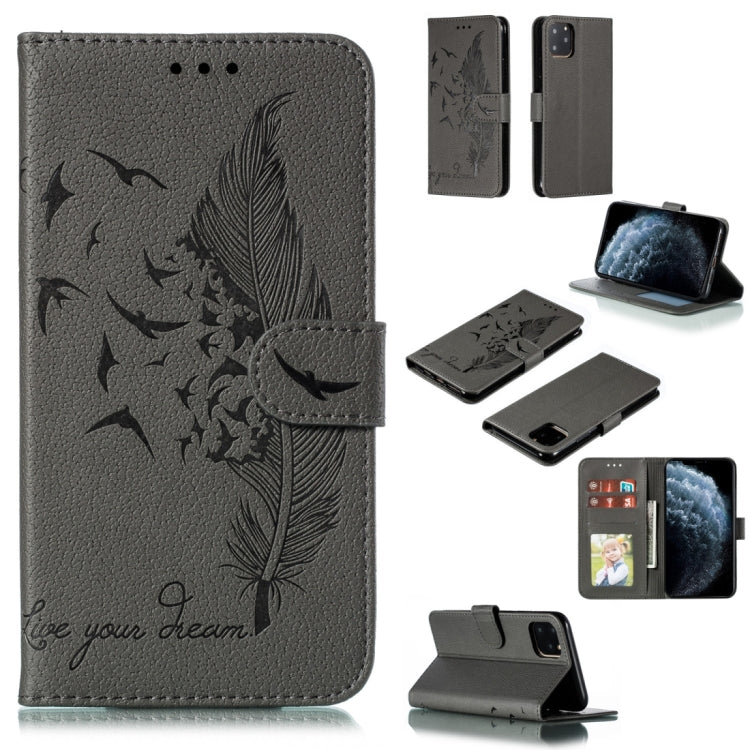 For iPhone 11 Pro Feather Pattern Litchi Texture Horizontal Flip Leather Case with Wallet & Holder & Card Slots (Gray) by buy2fix