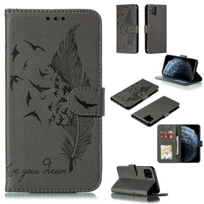 For iPhone 11 Pro Feather Pattern Litchi Texture Horizontal Flip Leather Case with Wallet & Holder & Card Slots (Gray) by buy2fix