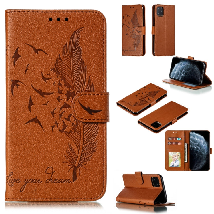 For iPhone 11 Pro Feather Pattern Litchi Texture Horizontal Flip Leather Case with Wallet & Holder & Card Slots (Brown) by buy2fix