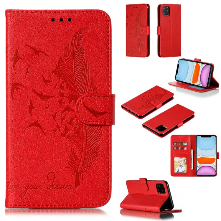 For iPhone 11 Feather Pattern Litchi Texture Horizontal Flip Leather Case with Wallet & Holder & Card Slots (Red) by buy2fix