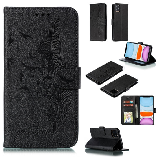 For iPhone 11 Feather Pattern Litchi Texture Horizontal Flip Leather Case with Wallet & Holder & Card Slots (Black) by buy2fix