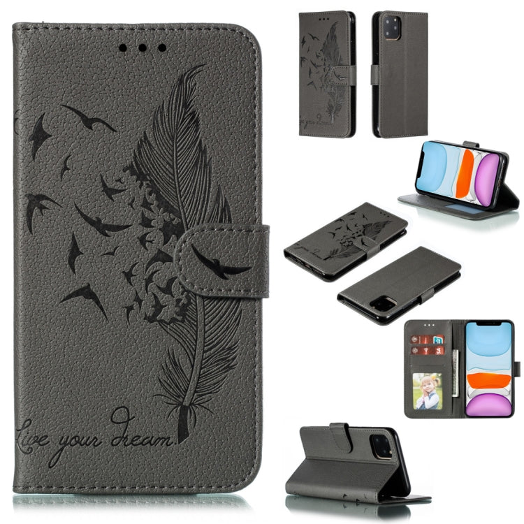 For iPhone 11 Feather Pattern Litchi Texture Horizontal Flip Leather Case with Wallet & Holder & Card Slots (Gray) by buy2fix