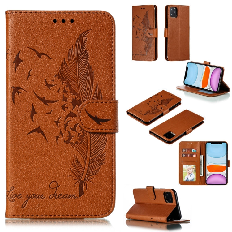 For iPhone 11 Feather Pattern Litchi Texture Horizontal Flip Leather Case with Wallet & Holder & Card Slots (Brown) by buy2fix