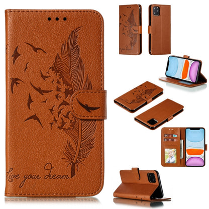 For iPhone 11 Feather Pattern Litchi Texture Horizontal Flip Leather Case with Wallet & Holder & Card Slots (Brown) by buy2fix