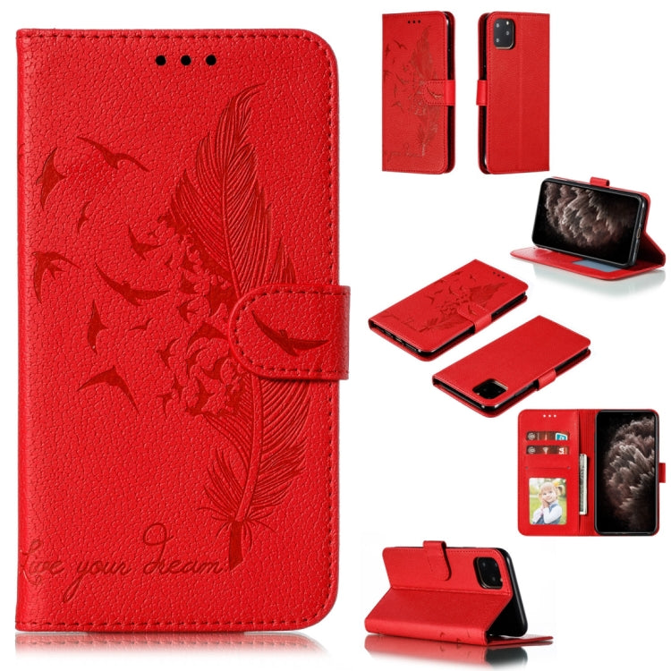 For iPhone 11 Pro Max Feather Pattern Litchi Texture Horizontal Flip Leather Case with Wallet & Holder & Card Slots (Red) by buy2fix