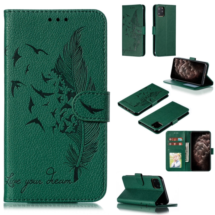 For iPhone 11 Pro Max Feather Pattern Litchi Texture Horizontal Flip Leather Case with Wallet & Holder & Card Slots (Green) by buy2fix