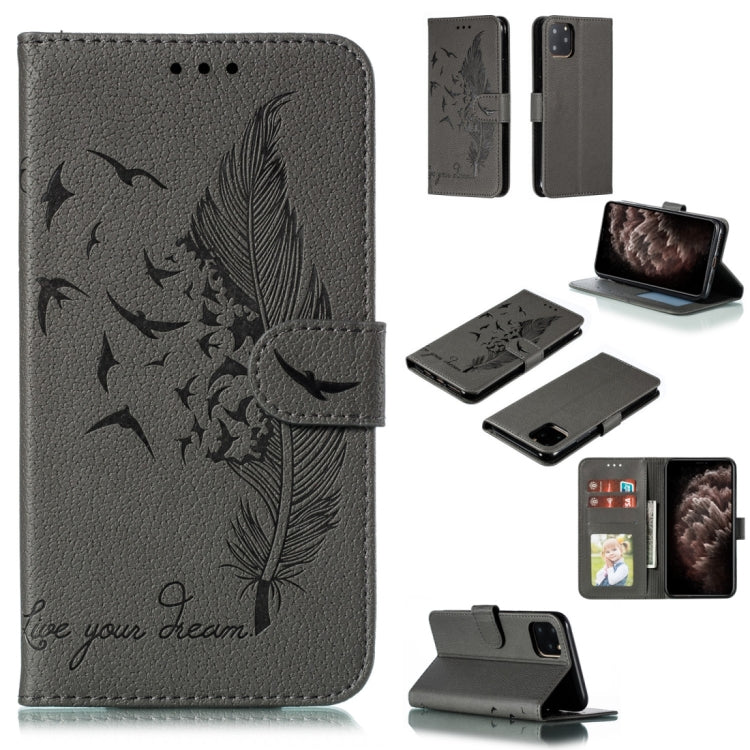 For iPhone 11 Pro Max Feather Pattern Litchi Texture Horizontal Flip Leather Case with Wallet & Holder & Card Slots (Gray) by buy2fix