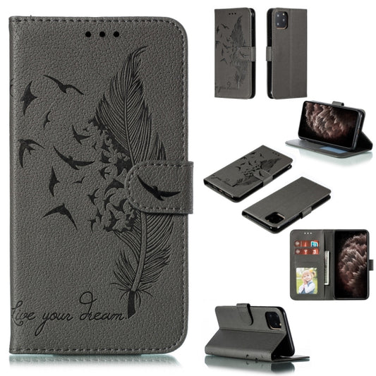 For iPhone 11 Pro Max Feather Pattern Litchi Texture Horizontal Flip Leather Case with Wallet & Holder & Card Slots (Gray) by buy2fix