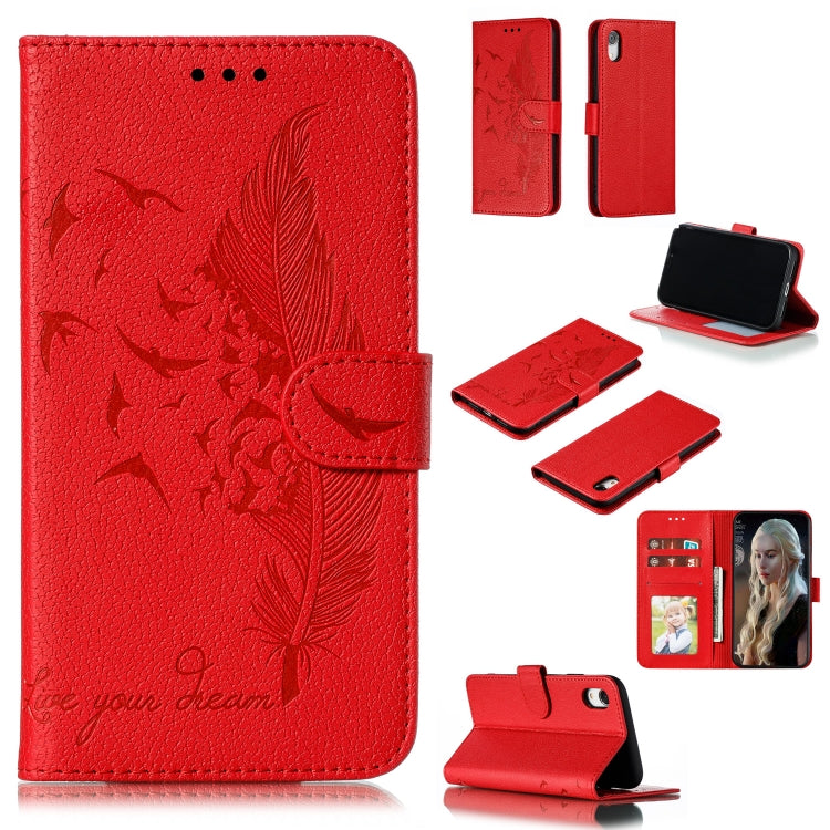 For iPhone XR Feather Pattern Litchi Texture Horizontal Flip Leather Case with Wallet & Holder & Card Slots(Red) by buy2fix