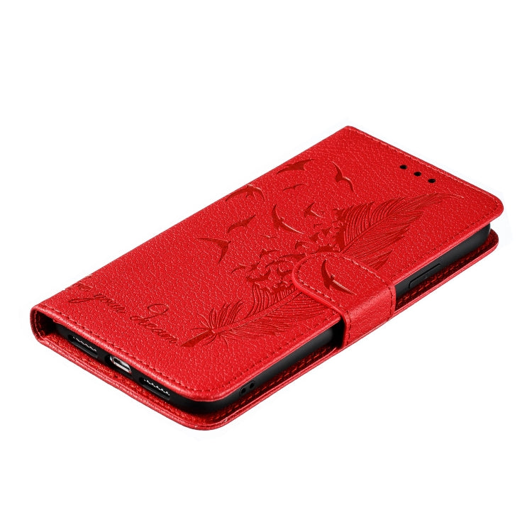 For iPhone XR Feather Pattern Litchi Texture Horizontal Flip Leather Case with Wallet & Holder & Card Slots(Red) by buy2fix