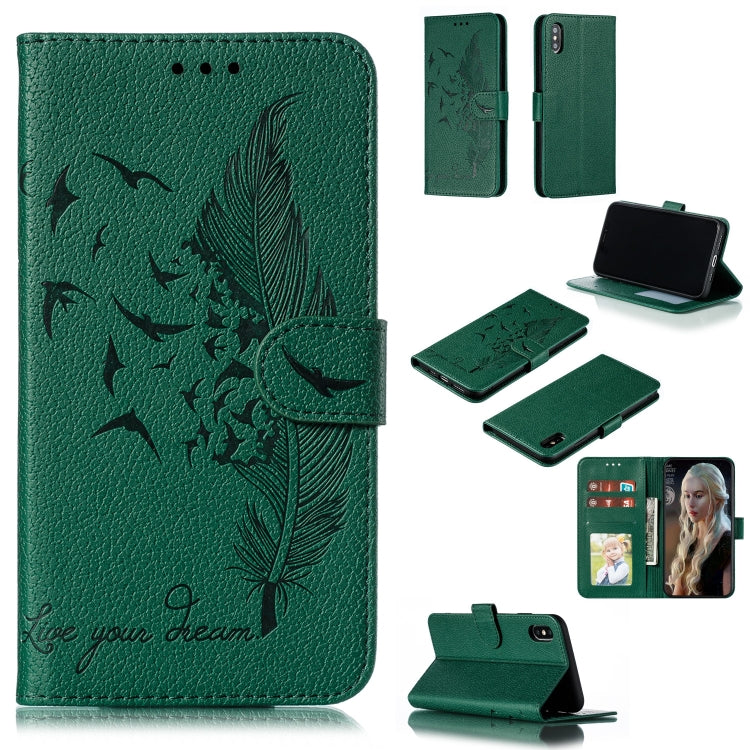 For iPhone XS Max Feather Pattern Litchi Texture Horizontal Flip Leather Case with Wallet & Holder & Card Slots(Green) by buy2fix