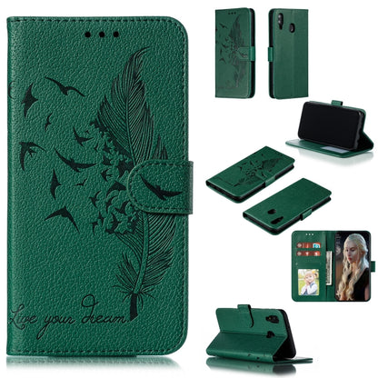 Feather Pattern Litchi Texture Horizontal Flip Leather Case with Wallet & Holder & Card Slots For Galaxy M20(Green) by buy2fix
