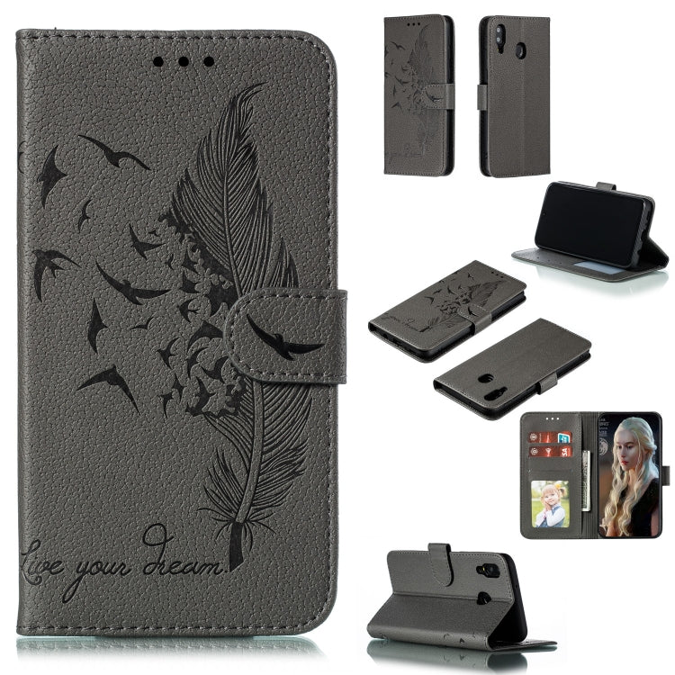 Feather Pattern Litchi Texture Horizontal Flip Leather Case with Wallet & Holder & Card Slots For Galaxy M20(Gray) by buy2fix