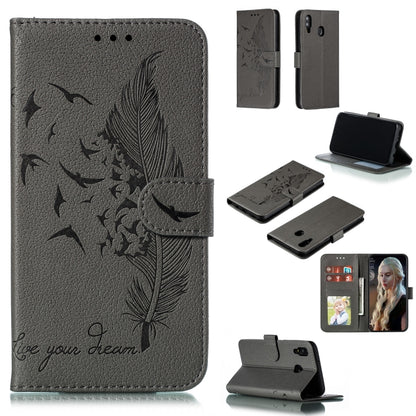 Feather Pattern Litchi Texture Horizontal Flip Leather Case with Wallet & Holder & Card Slots For Galaxy M20(Gray) by buy2fix