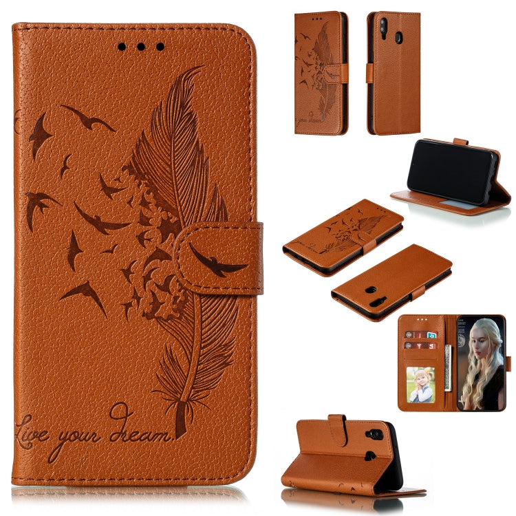 Feather Pattern Litchi Texture Horizontal Flip Leather Case with Wallet & Holder & Card Slots For Galaxy M20(Brown) by buy2fix
