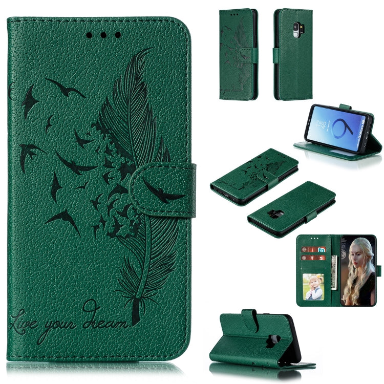 Feather Pattern Litchi Texture Horizontal Flip Leather Case with Wallet & Holder & Card Slots For Galaxy S9(Green) by buy2fix