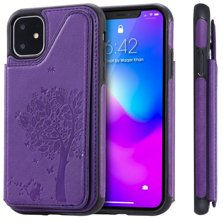 For iPhone 11 Cat Tree Embossing Pattern Shockproof Protective Case with Card Slots & Photo Frame(Purple) by buy2fix