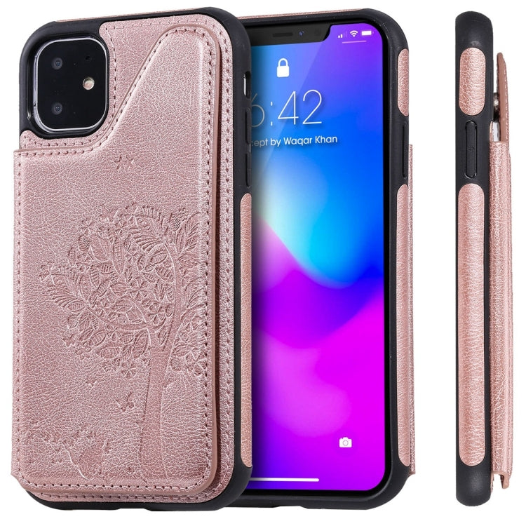 For iPhone 11 Cat Tree Embossing Pattern Shockproof Protective Case with Card Slots & Photo Frame(Rose Gold) by buy2fix