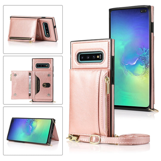 For Samsung Galaxy S10 Plus Square Zipper Wallet Bag TPU+PU Back Cover Case with Holder & Card Slots & Wallet & Cross-body Strap(Rose Glod)