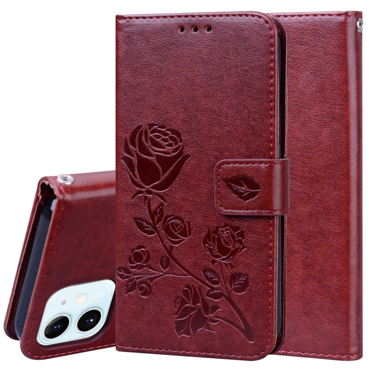 For iPhone 12 Rose Embossed Horizontal Flip PU Leather Case with Holder & Card Slots & Wallet(Brown) by buy2fix