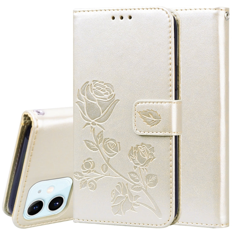 For iPhone 12 Rose Embossed Horizontal Flip PU Leather Case with Holder & Card Slots & Wallet(Gold) by buy2fix
